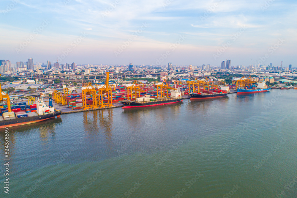 Aerial view shipping crane boat city habour port with container truck city view background