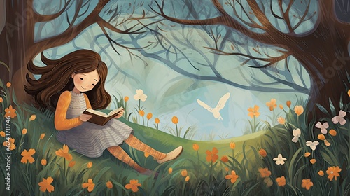 Little girl in the big forest or grass meadow adventures reading book in fairy tales. Cartoon drawing in the park garden. Kids baby children book and lullaby story illustration graphic. Generative AI