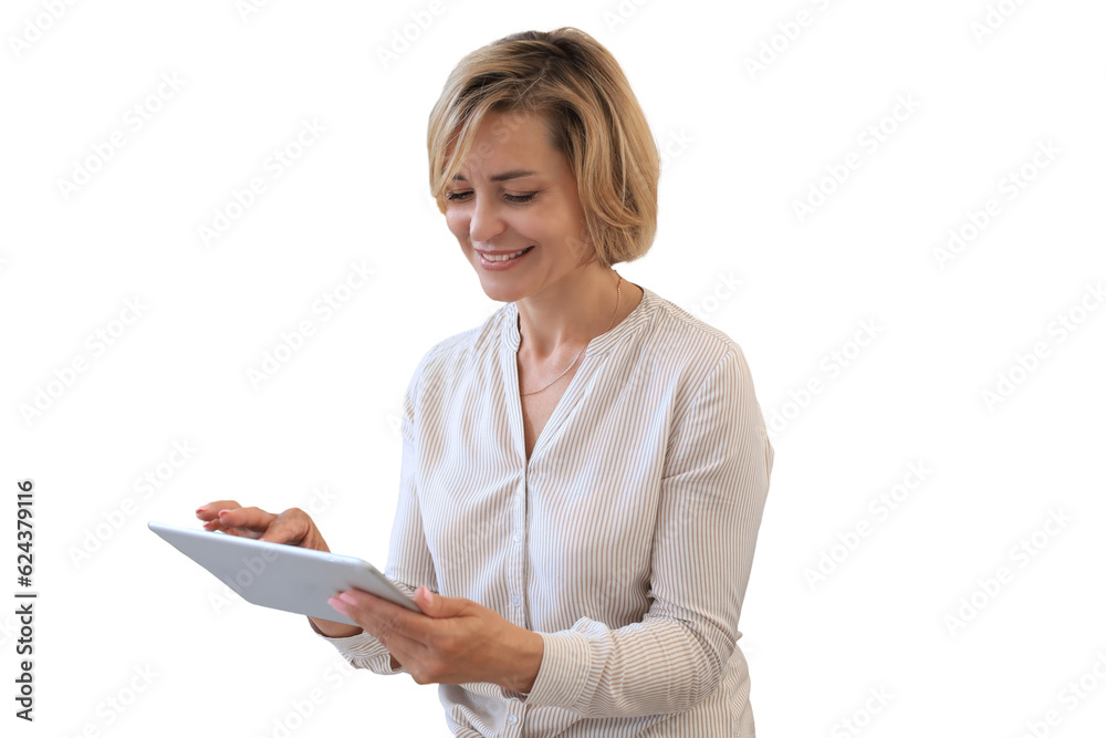 © ty - Cheerful middle aged woman standing on a transparent background, using computer tablet apps, looking at screen, reading good news in social network, shopping or chatting online. © ty - Cheerful middle aged woman standing on a transparent background, using computer tablet apps, looking at screen, reading good news in social network, shopping or chatting online.