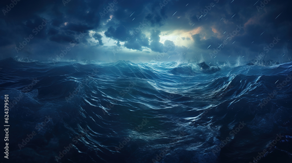 Waves in a stormy ocean under the moonlight. Turbulent marine landscape with rain and dark clouds. Dramatic ocean background.