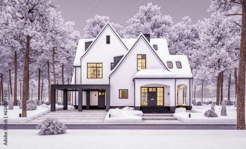 3d rendering of cute cozy white and black modern Tudor style house with parking  and pool for sale or rent with beautiful landscaping. Cool winter evening with cozy light from windows