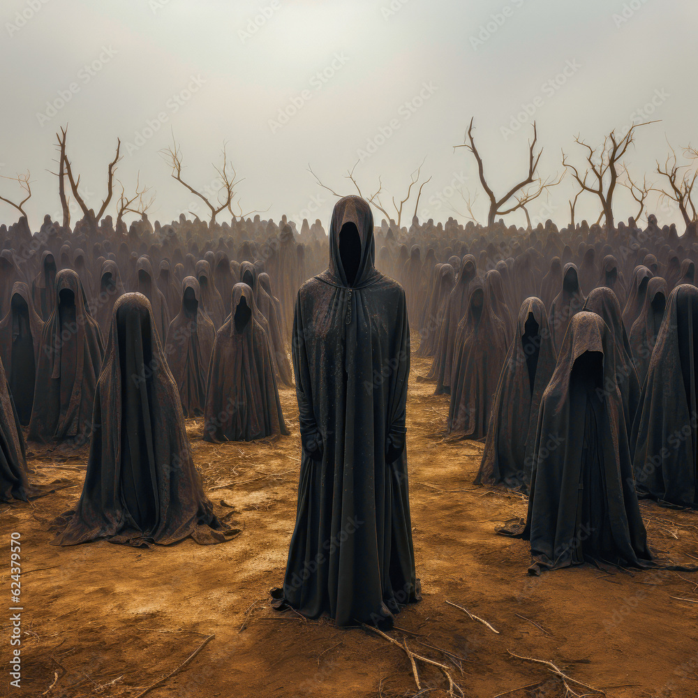 The Veiled Devotion Black-Robed Cultists in a Post-Apocalyptic Landscape