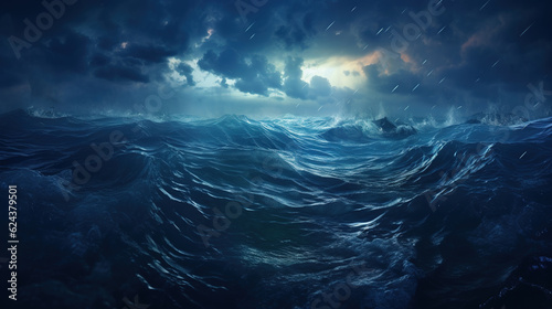 Waves in a stormy ocean under the moonlight. Turbulent marine landscape with rain and dark clouds. Dramatic ocean background. © Studio Light & Shade