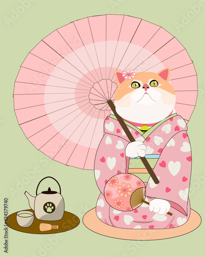 This vector illustration depicts a cat wearing a pink kimono, enjoying the view of cherry blossoms known as the Hanami festival, accompanied by traditional Japanese green tea