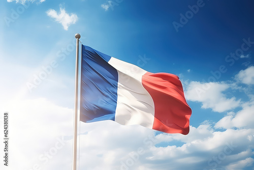 French flag flying in the wind on a flagpole against a blue sky with clouds. Blue white red France flag wallpaper. 