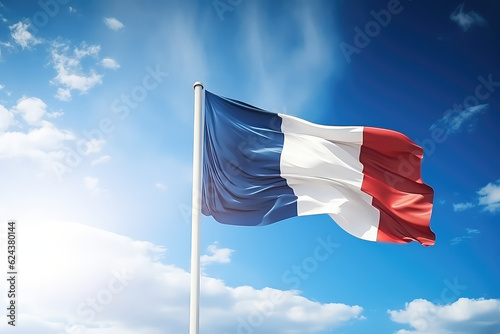 French flag flying in the wind on a flagpole against a blue sky with clouds. Blue white red France flag wallpaper. 