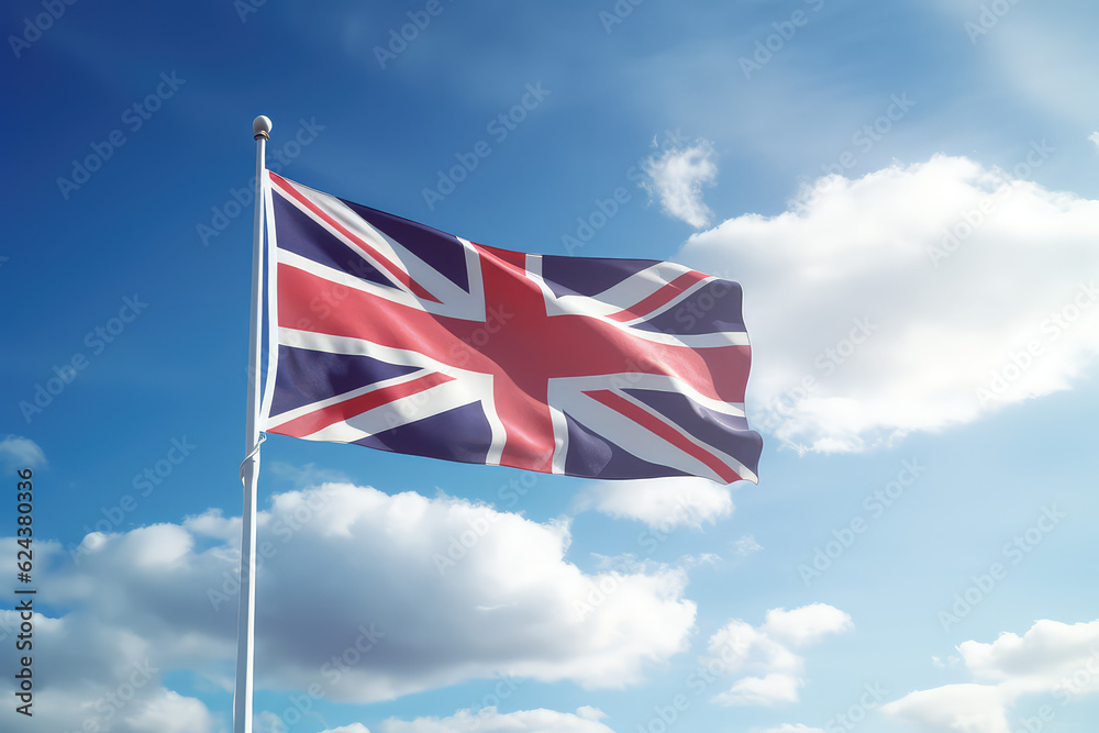 English flag flying in the wind on a flagpole against a blue sky with clouds. Blue red white United Kingdom of Great Britain flag wallpaper.  
