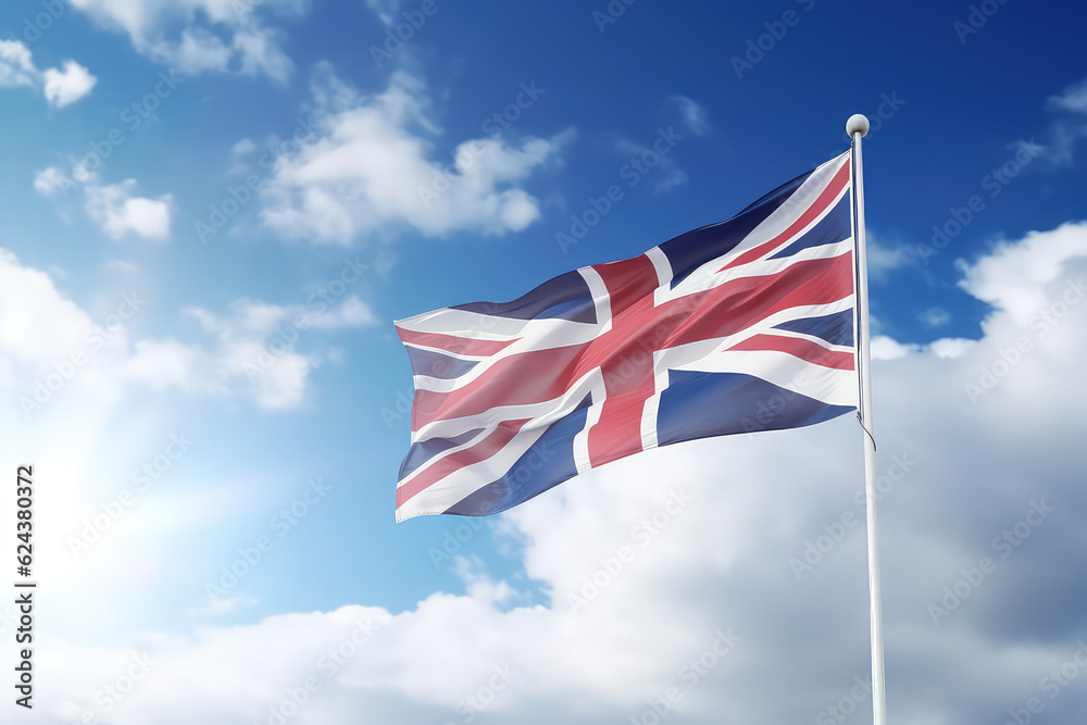 Fototapeta premium English flag flying in the wind on a flagpole against a blue sky with clouds. Blue red white United Kingdom of Great Britain flag wallpaper. 
