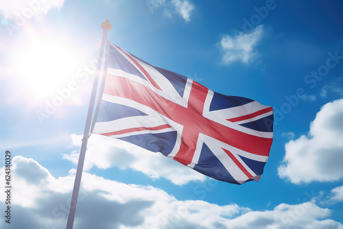 English flag flying in the wind on a flagpole against a blue sky with clouds. Blue red white United Kingdom of Great Britain flag wallpaper.  