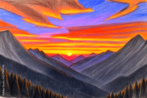 The sunset between the mountains. Generative AI 
