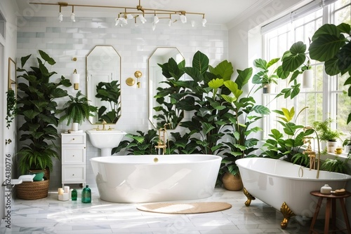 A bright and airy bathroom with white subway tile and a lush array of emerald green plants creates a forest-like atmosphere.
