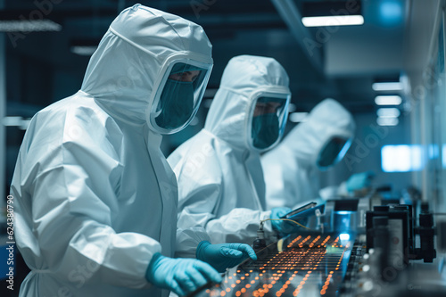 A group of people in protective gear working on electronic equipment. Generative AI. Workers in protective wear in industrial manufacturing cleanroom environment.