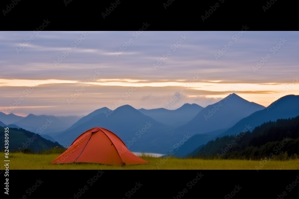 Glowing orange tent in the mountains under dramatic evening sky. Red sunset and mountains in the background. created generative ai.