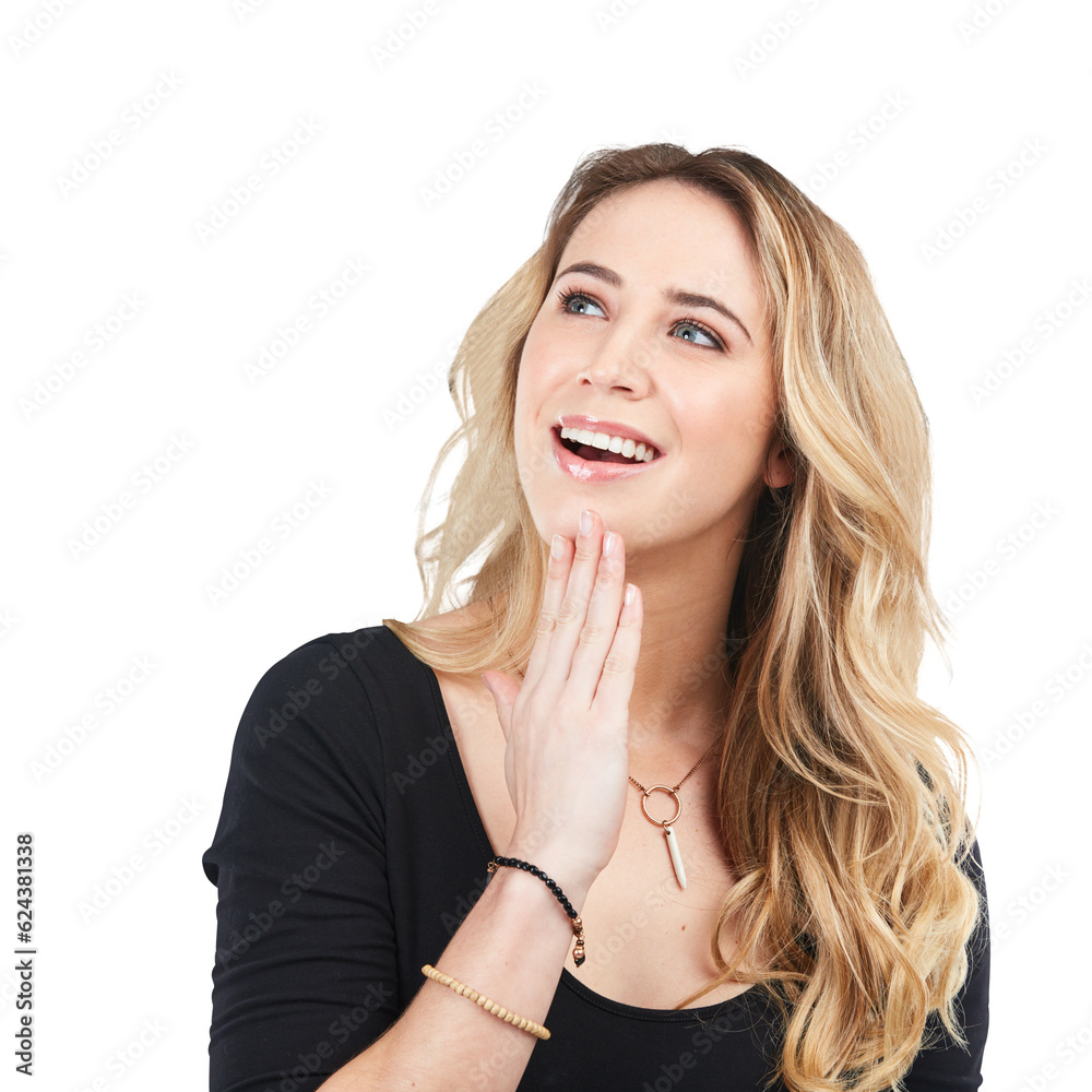 Smile, thinking and face of happy woman isolated on transparent png background with planning, inspiration and ideas. Brainstorming, problem solving and insight, model with motivation and solution. Smile, thinking and face of happy woman isolated on transparent png background with planning, inspiration and ideas. Brainstorming, problem solving and insight, model with motivation and solution.