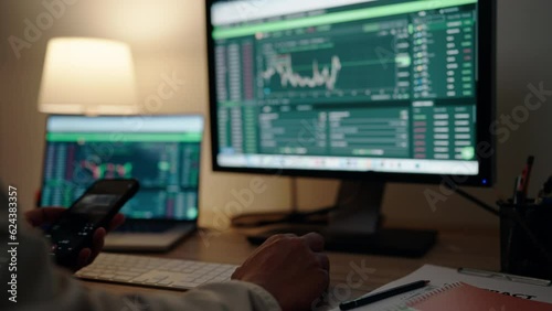 Wallpaper Mural Close-up Monitor Financial Analyst Buy Stock on Invest Market and graphs on monitors  Torontodigital.ca