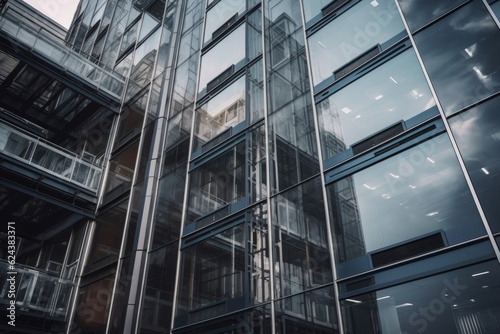 majestic glass windows and metal frames of high-rise office building, created with generative ai