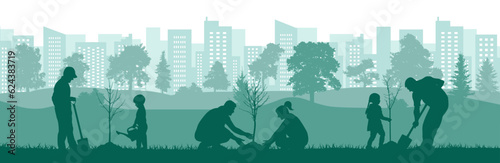 Green city. Planting trees by adults and children in yard, park. Landscaping of town. Vector illustration
