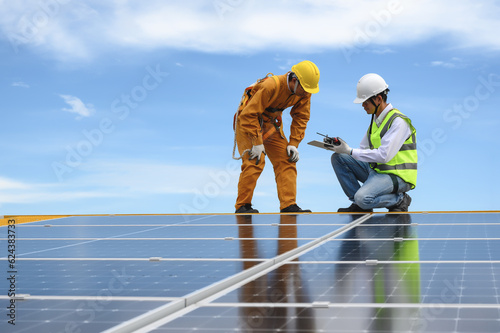Engineer Inspector Quality in Solar Roof Panel Installation with Technician, Quality Control in Work of Sustainable Photovoltaic Installation on Factory Roof Buildings.