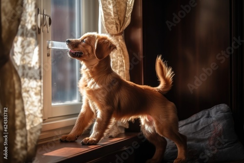 playful puppy chasing its tail in view of the sunny window, created with generative ai