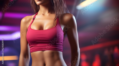 sexy woman wearing athletic suit on blurred background