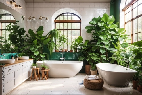 A bright and airy bathroom with white subway tile and a lush array of emerald green plants creates a forest-like atmosphere.