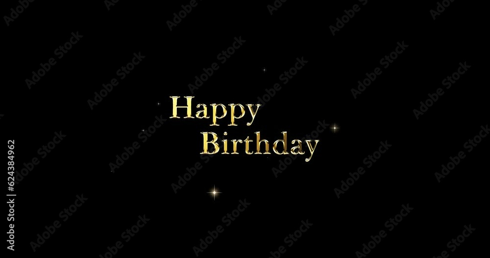 中央から金色の星のパーティクルが輝きながら広がって「HappyBirthday」の文字が出てくるアニメーション素材(黒背景) 　星　銀河　輝き
