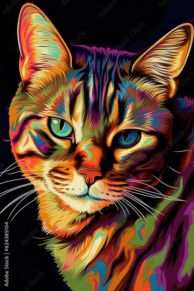 American Shorthair cat psychedelic look. Generative AI