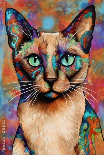 Balinese Siamese cat psychedelic look. Generative AI © Razvan