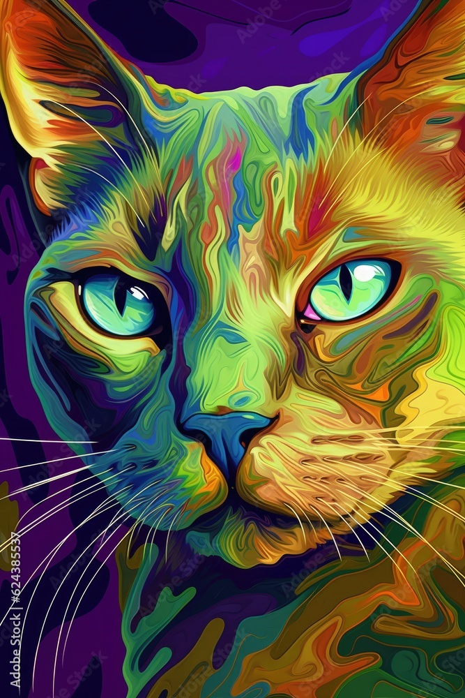 Burmese cat psychedelic look. Generative AI