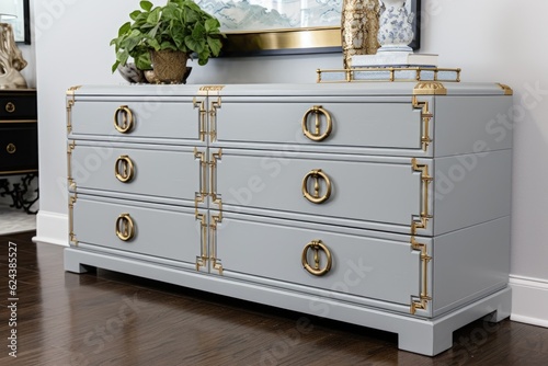 refurbished dresser with new hardware and decorative handles sits in upscale bedroom, created with generative ai photo