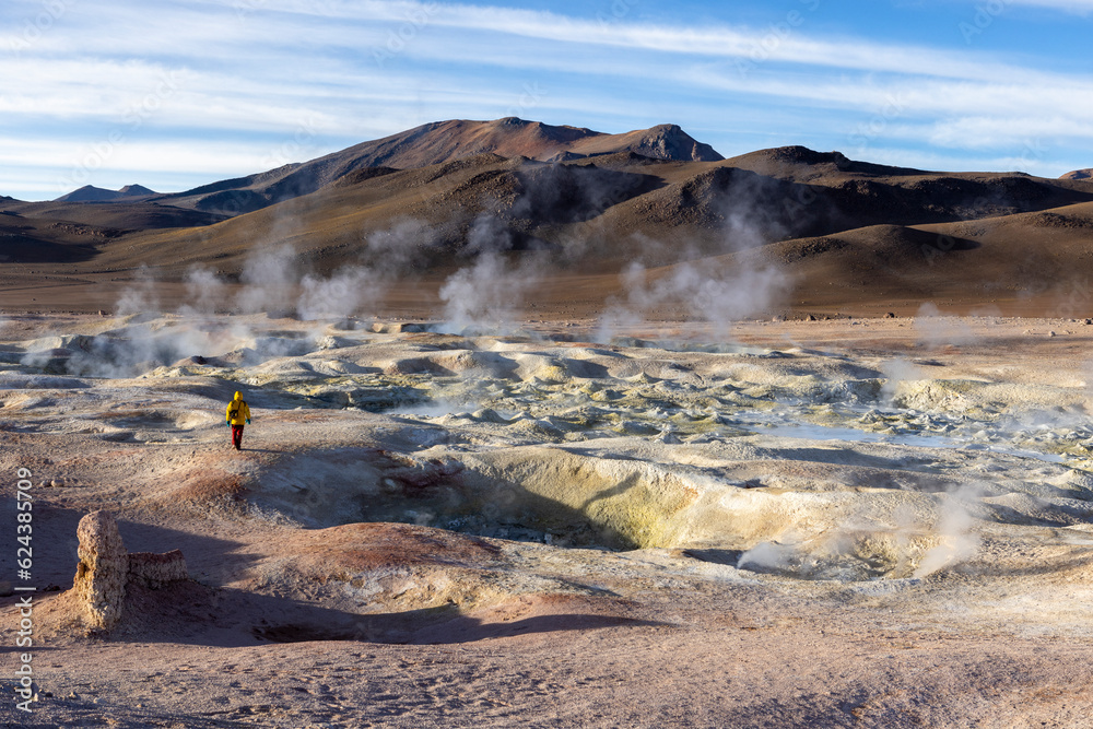 Stunning geothermic field of Sol de Mañana with its steaming geysers and hot pools with bubbling mud - just one sight on the lagoon route in Bolivia, South America