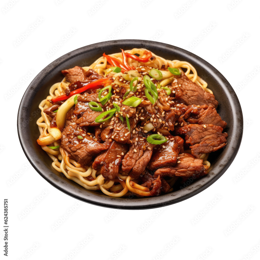 Noodles with bulgogi  or marinated beef barbecue Korean food