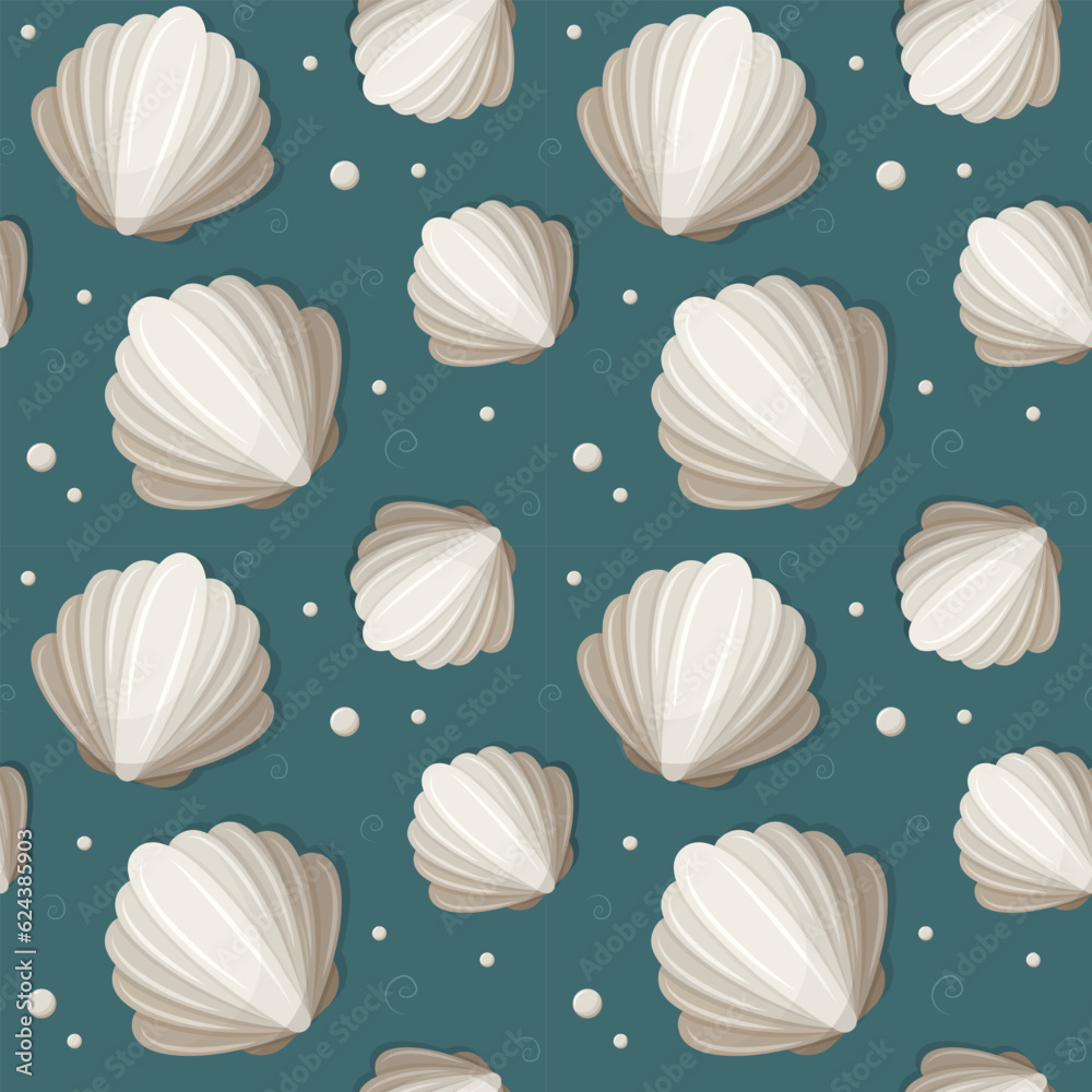 Seashell and pearls. Seamless vector pattern. Azure background with illustrations. Underwater inhabitants of the sea, ocean.