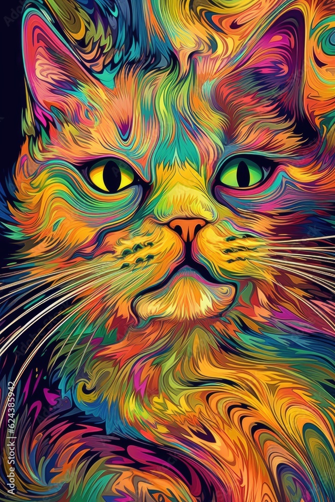 Dwelf cat psychedelic look. Generative AI