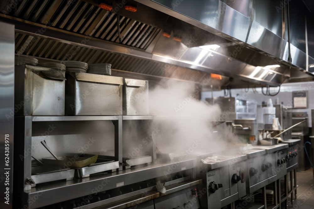 ventilation and exhaust system in the kitchen of a restaurant, with smoke and steam escaping from the hood, created with generative ai
