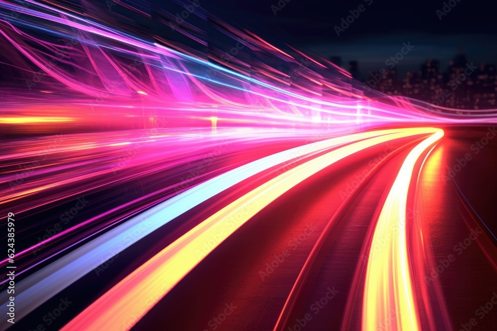 glowing neon light trails in motion blur, created with generative ai