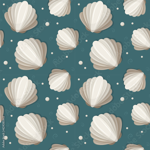 Seashell and pearls. Seamless vector pattern. Azure background with illustrations. Underwater inhabitants of the sea, ocean.
