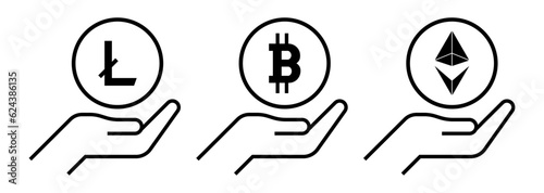  Icon hand with crypto currency,  money concept,  coin design element isolated on white background