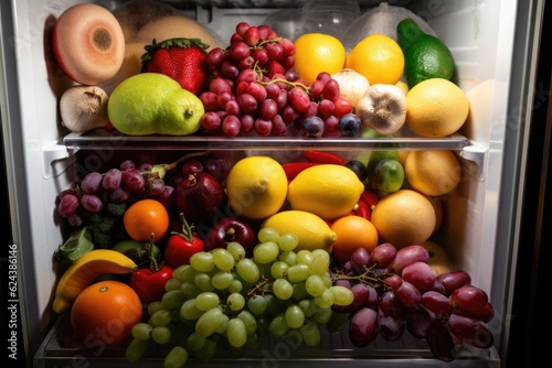 refrigerator or freezer filled with colorful fruits and vegetables  created with generative ai