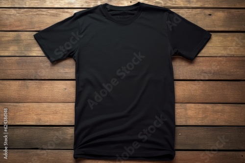 black blank men t shirt mockup, front view with wooden table background