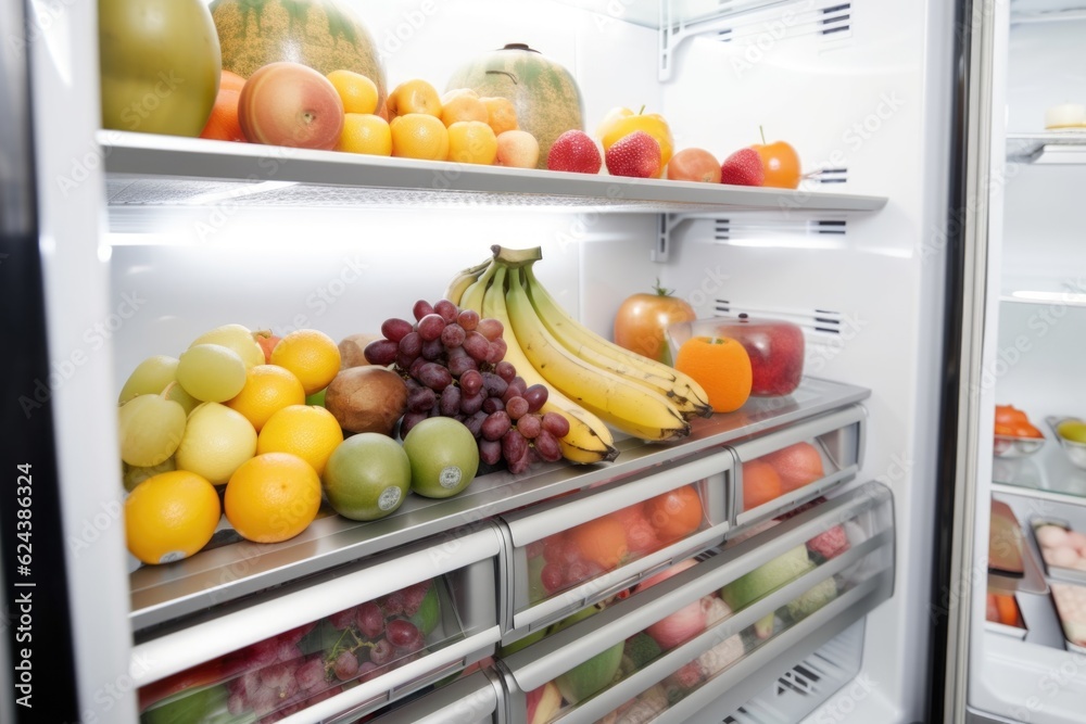 walk-in refrigerator filled with plump, juicy fruits and vegetables, created with generative ai walk-in refrigerator filled with plump, juicy fruits and vegetables, created with generative ai