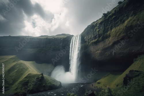 majestic waterfall with misty clouds in the sky  created with generative ai