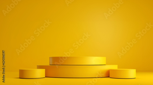 Podium, Pedestal Display for Product Placement. Product Presentation Backdrop. Yellow Cylinder Stand Showcase. 3d minimal Scene. generative ai