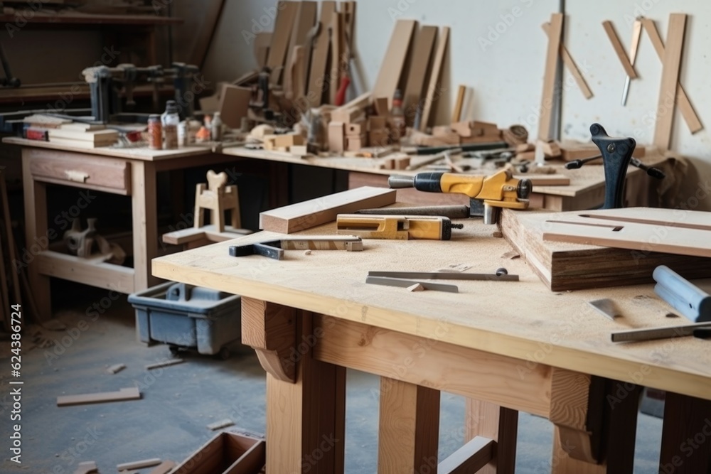 carpentry workshop with various tools and materials for creating custom furniture, created with generative ai carpentry workshop with various tools and materials for creating custom furniture, created with generative ai
