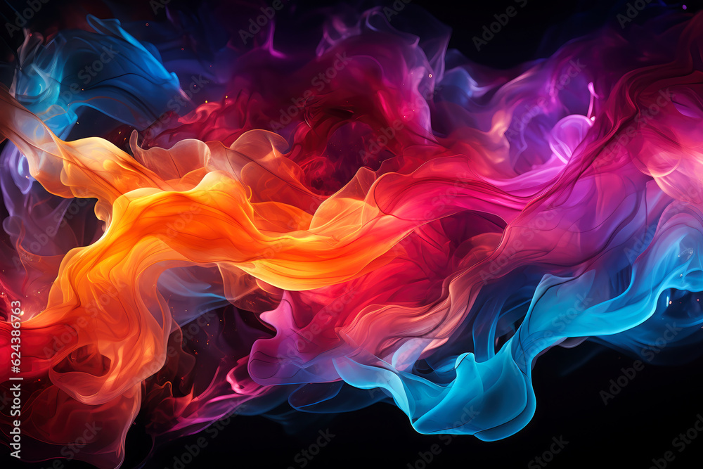 Multicolored abstract smoke with fire on black background, AI Generated