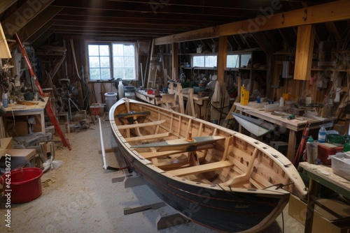 a wooden boat being built in a workshop, with tools and materials nearby, created with generative ai