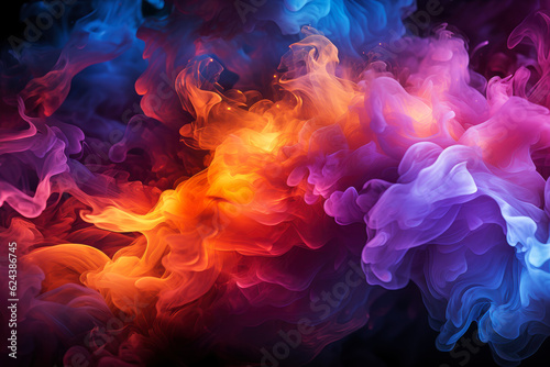 Multicolored abstract smoke with fire on black background, AI Generated