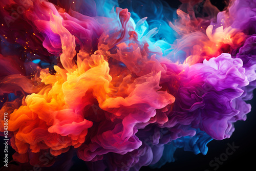 Multicolored abstract smoke with fire on black background, AI Generated