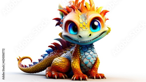 Cute baby fantasy kawaii dragon isolated on a white background. Generative AI © Julia