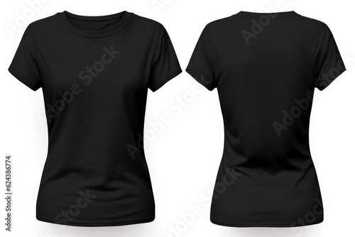 Black blank women t-shirt mockup, front and back view with white background